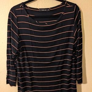 EUC Women's Yala Brand XL Black & Pink striped boat neck & 3/4 length sleeves